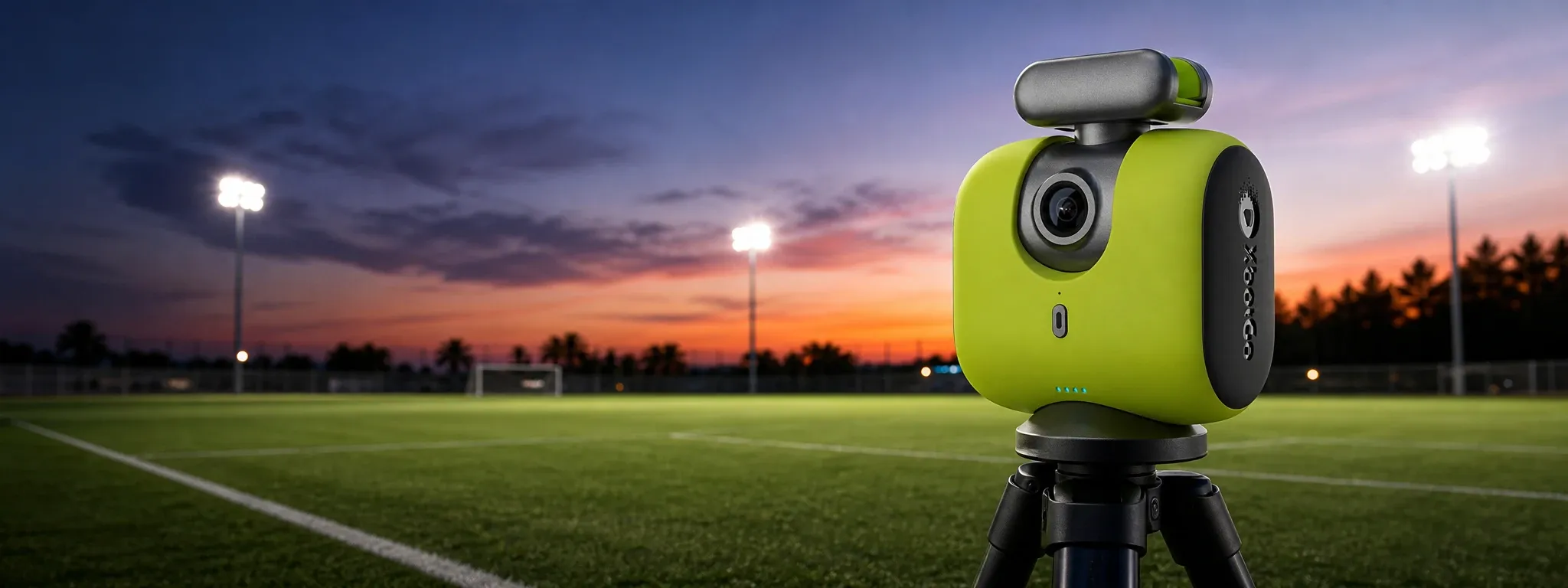 A lemon green AI sports tracking camera mounted on a tripod overlooking a football pitch at sunset, with stadium lights and a UK grassroots football setting in the background.